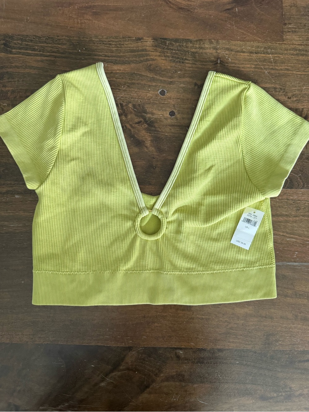 Ribbed V-Neck Crop Top with Front Ring - Lime Green